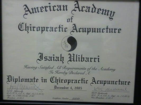 Dr. U is a Diplomate  in Acupuncture