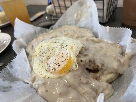 Bakery Breakfast (only avail Thur-Sun) -Biscuits, sausage patties, egg your way, topped with sausage gravy!