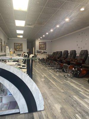 Inside of the salon, nail and pedi stations