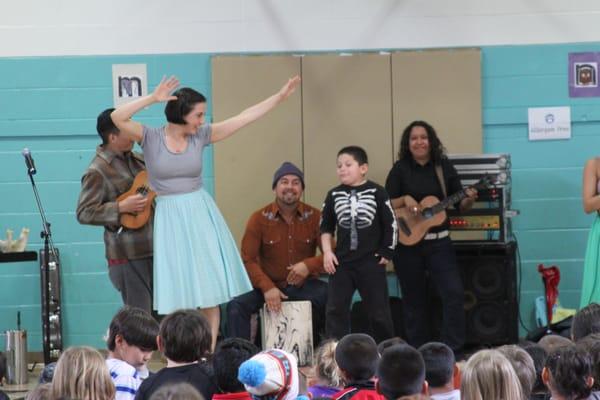 The famous East-LA band, Las Cafeteras, performs with the Tahoe Lake Elementary School students as part of the Performing Arts Program.