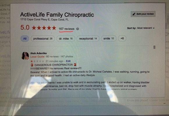 Google review before Dr. Mike Cartales of Active Life Chiropractic Cape Coral deletes it.