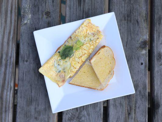 Our omlettes are made with real eggs. We have a simply omlette, a very veggie omlette and a meat omlette.