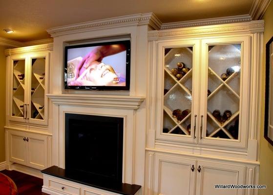 White lacquer finished mantel with wine storage in Lake Matthews