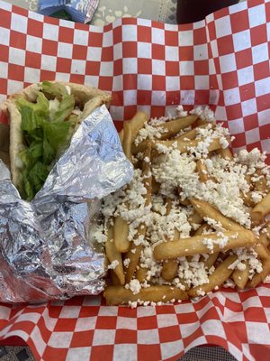 Chicken gyro with feta cheese on the fries