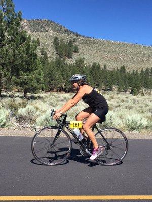 Margie finishing up the bike at the June Lake Triathlon 2016