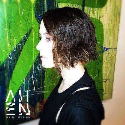 Textured chin length bob with color by Hair Designer Allen Addington