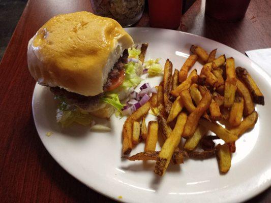 Bacon burger with fresh cut fries added