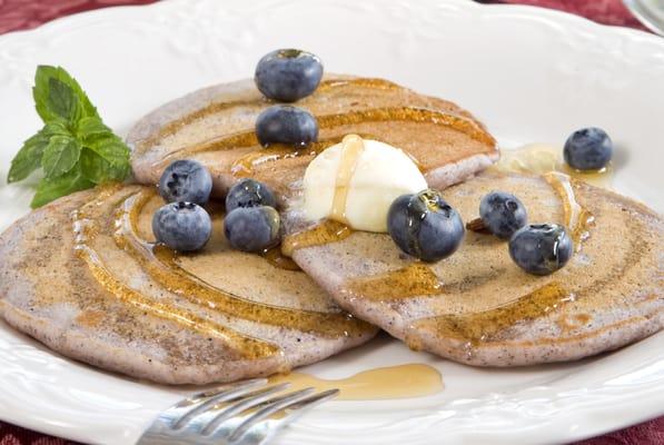 Blue Cornmeal Pancakes are a house specialty.