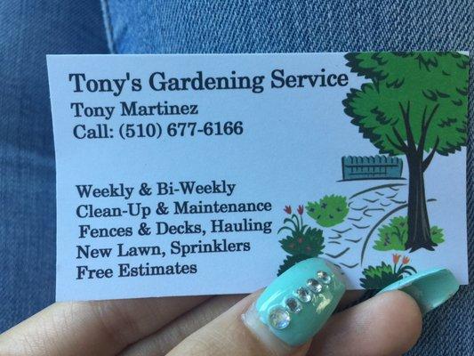 Hi , I'm tony I do landscaping please call ! I speak both English and Spanish , located in Hayward ,