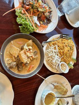 Mussaman curry, beef salad, pad Thai, chicken satay