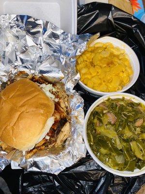 pulled chicken sandwich with mac & cheese with greens