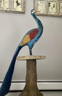 Outstanding French "Art Populaire" Life-Sized Peacock on Faux Bois Table