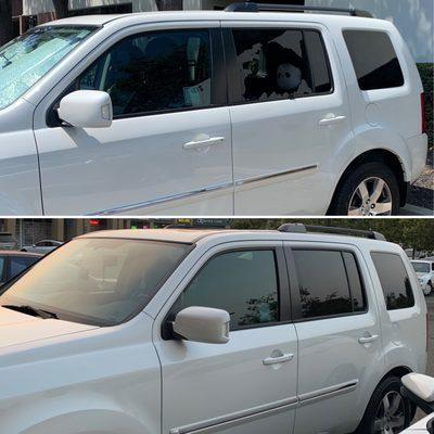 Before and after of the privacy window replacement on my left rear door! So happy to have found them!! These guys are the best!