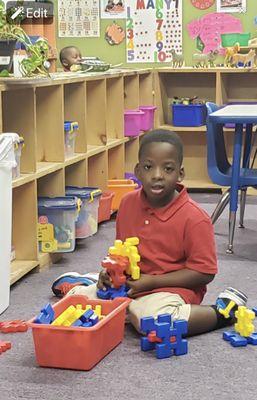 Block play helps children learn problem solving, self-expression, math, creativity, science, self-esteem, continuity and permanence.