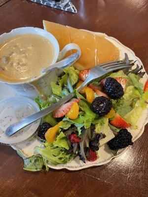 Salad and cheeseburger soup and egg salad sandwich