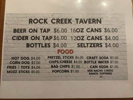 Rock Creek Taverns Menu. They usually have all these snack foods then a signature food plate for the night.