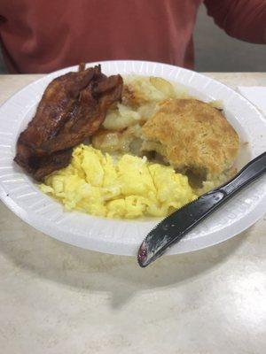 Bacon, eggs, and scalloped potatoes.