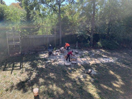 B team getting the work done. Bobcat and skid steer was too big to get inside backyard... So the guys worked by hand