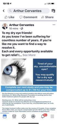 Suffering with dry eye like I do? Here's an option a dry eye study!