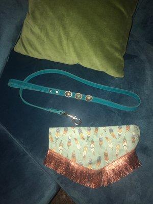 Leather and turquoise leash and adorable cowgirl scarf!