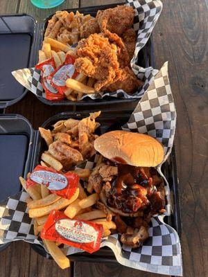 Pulled Pork sandwich, Mac and cheese, fries, fried chicken, blue gummy lemonade