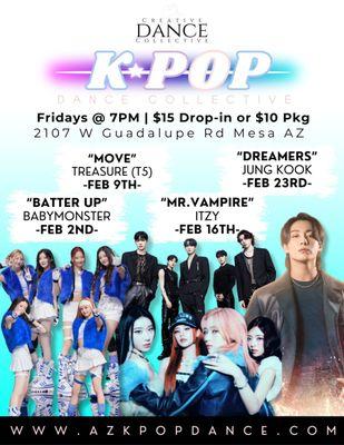 Kpop Dance Class Schedule for February! Learn choreography from BabyMonsta, T5, ITZY, & Jung Kook!