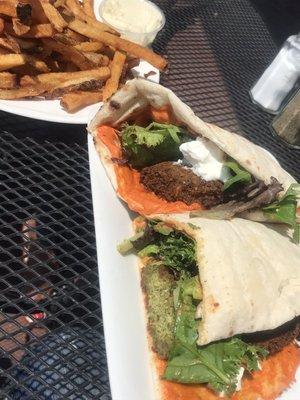 Falafel sandwich and fries with aioli