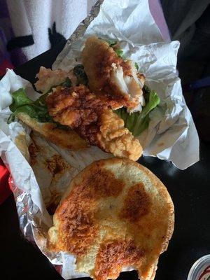 The spicy chicken sandwich and "grilled" cheese