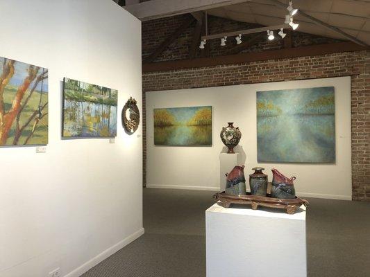 Gallery View, featuring ceramics by Trent Berning and paintings by Robert Ross (left), and BJ Lantz (back wall)