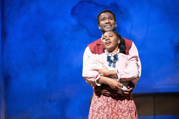 Actors Clyde Voce and Jaden Dominique during a tender scene from "Ragtime: The Musical" (2024) at the Hangar Theatre.