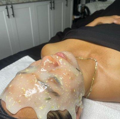 Client enjoying the amazing Jelly Masques that can be added on to any service!