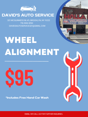 Now an ongoing offer! $95 for Wheel Alignment, including a FREE Hand Car Wash.