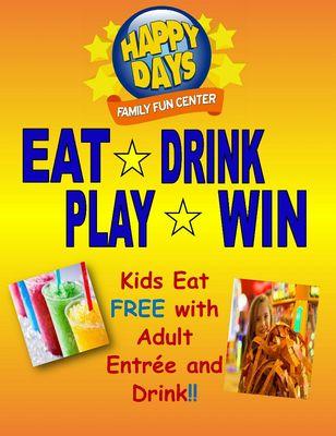 Now serving food!! Kids Eat FREE with purchase of Adult Entree and Beverage. One kids meal per Adult.