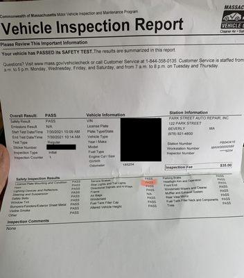 Unauthorized, passing inspection from Park Street Auto that did not address the issues stated by dealer.