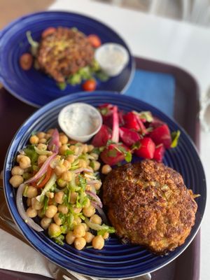 Turkey patty, Beet salad, chickpea salad