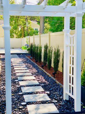 Backyard entrance, walkway and landscaping