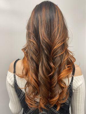 Copper highlights, gloss, cut and style.