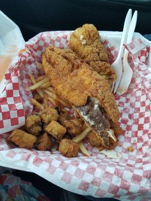 Red snapper on top and grouper (bought 2 baskets to split, so we could try both fish)