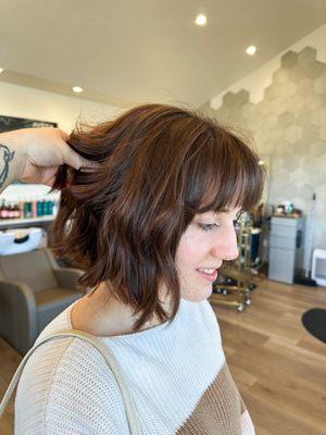 Partial foil with bob haircut and fringe.