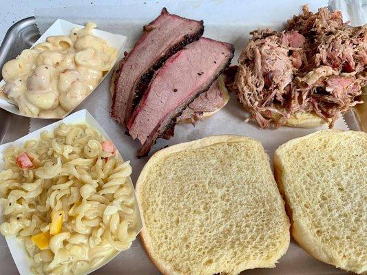 Brisket, pulled pork, mac & cheese, mac salad.