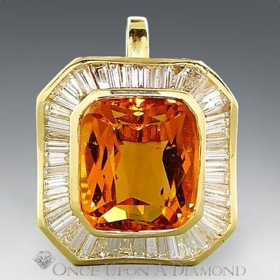 Stock #: 07-00346 (15.00ctw Huge Citrine & Baguette Diamond Ballerina Pendant 18K Yellow Gold)