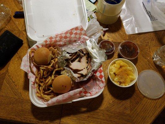 delicious smoked turkey , fries and Mac and cheese.