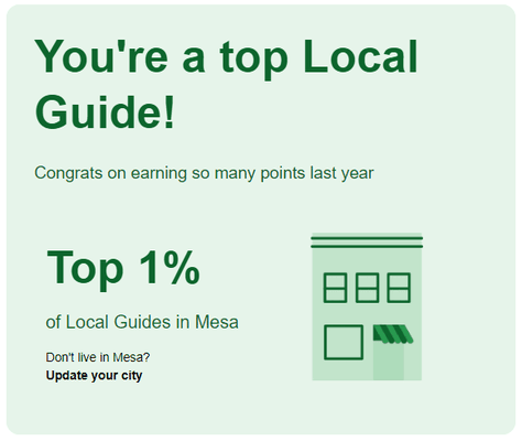 This is from an email that Google had sent the business, showing that we are the top 1% of the local guides in Mesa Arizona.