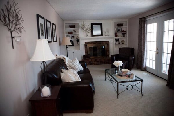 New fireplace built-ins and surround. Minimized brick exposure for fresh updated look