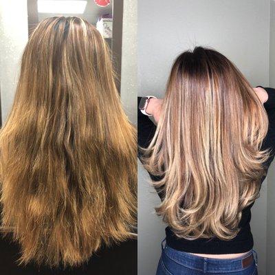 Before and after a color and a haircut service by Sonia