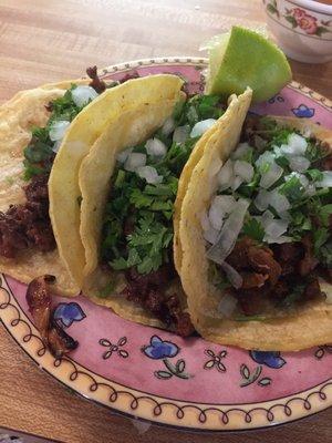 I'm pretty sure this was beef, carnitas, and barbacoa tacos with corn tortilla (corn and flour tacos are very different here)