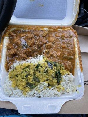 Chicken curry, veg curry, Dahl over rice. Platter.