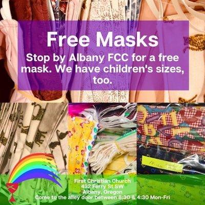 Ring the bell at the alley/parking lot door between 8:30 & 4:30 M-F for free masks. We have children's sizes, too.