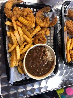 Shrimp, French fries, and red beans and rice