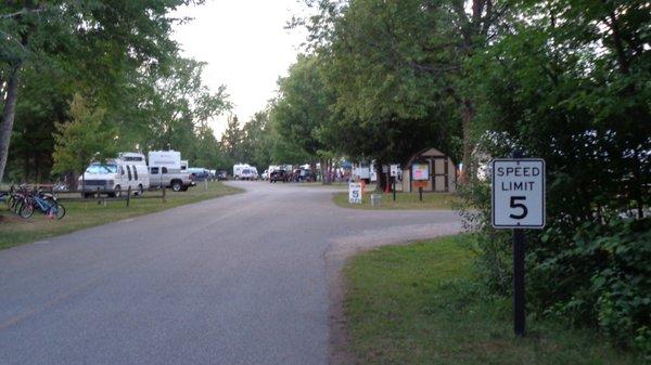 Entrance and arbitrary 5 MPH sign